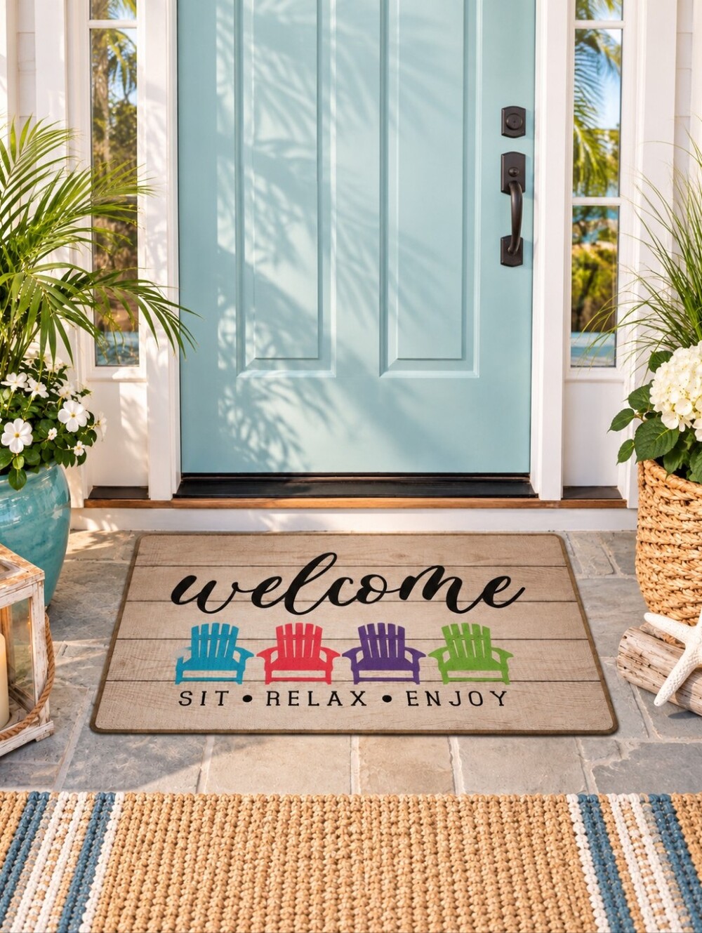 Coastal Welcome Doormat Adirondack Chairs 29x17 NIP